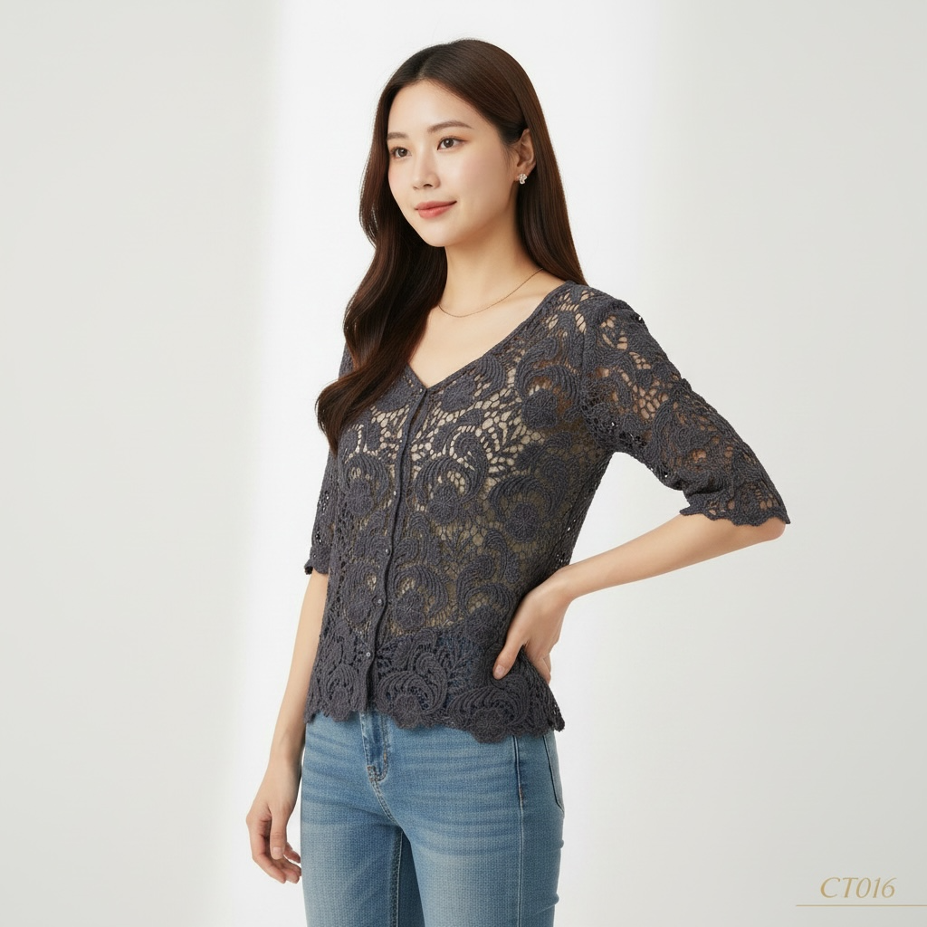 Blue Crochet Short Sleeve Top | Elegant Casual Wear