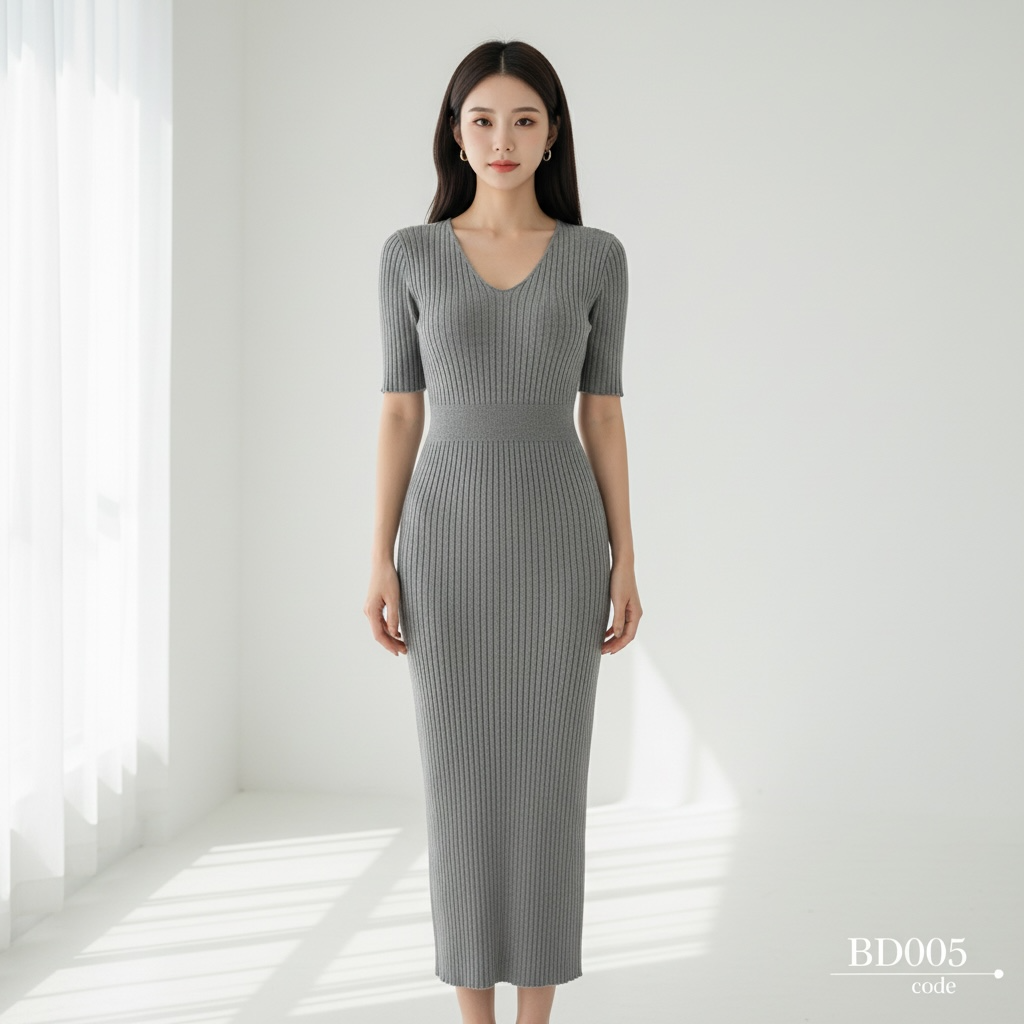 Ribbed V-Neck Bodycon Midi Dress – Grey (Free Size)