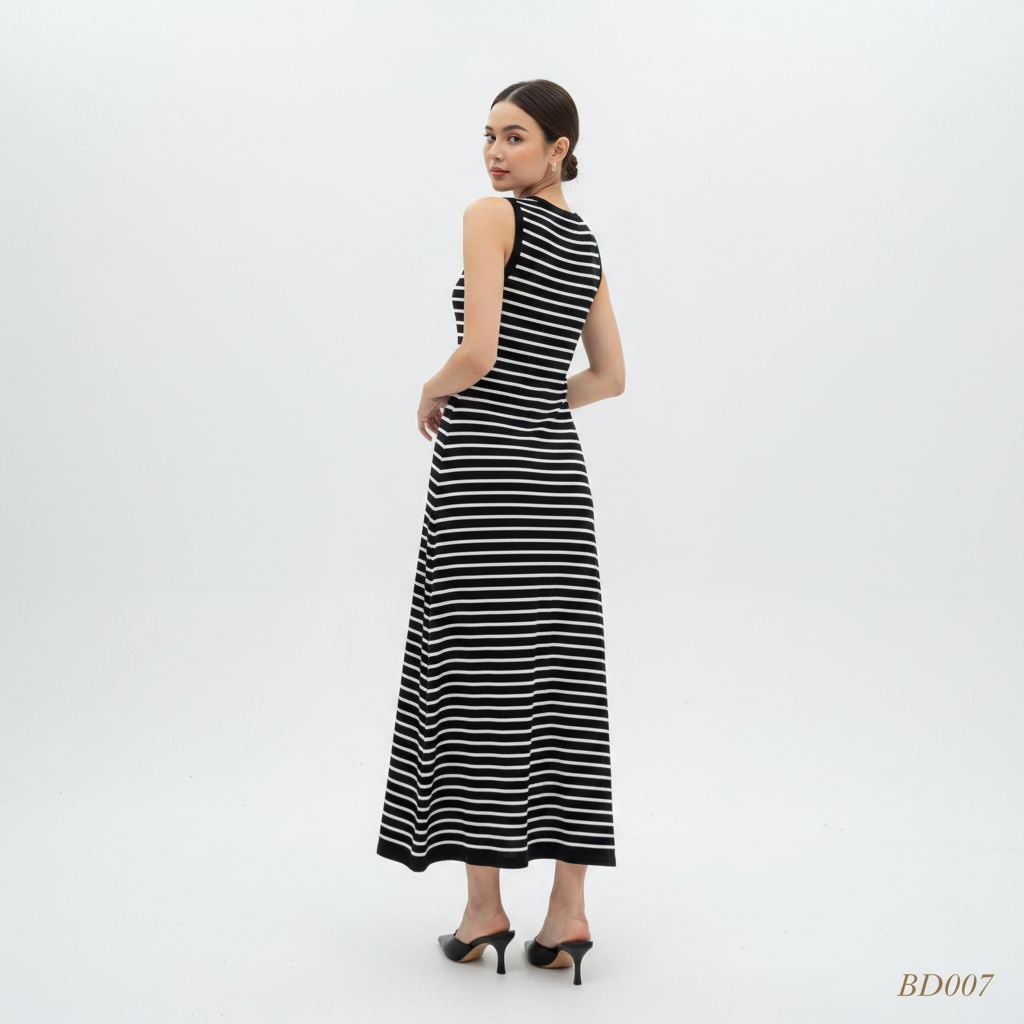 Striped Sleeveless Knit Midi Dress – Black & White (One Size)