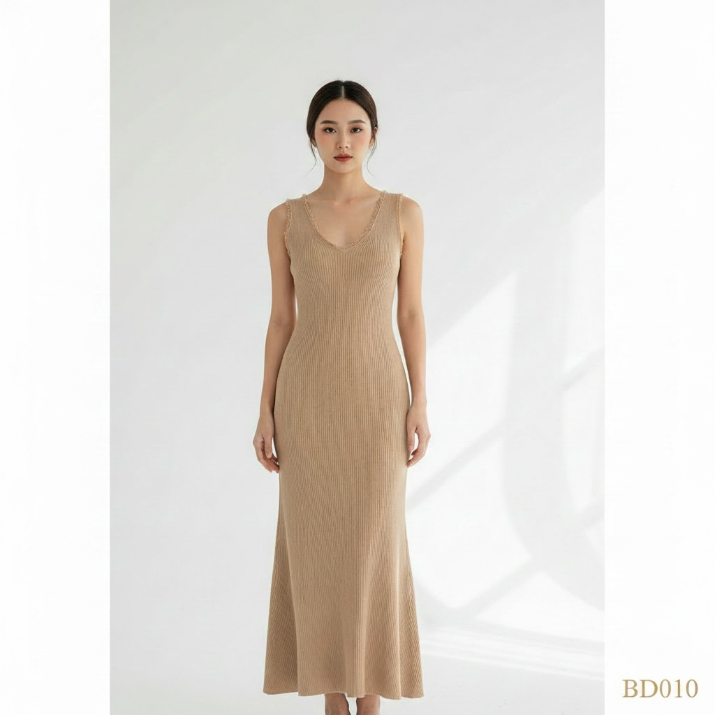 Ribbed Sleeveless Mermaid Maxi Dress – Sandal Beige