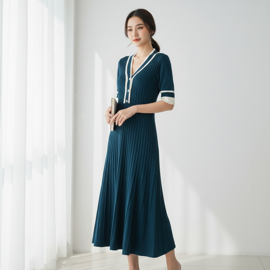 Blue Knit Pleated Dress