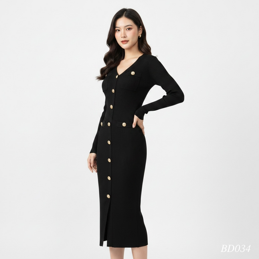 Black Button Detail Knit Dress