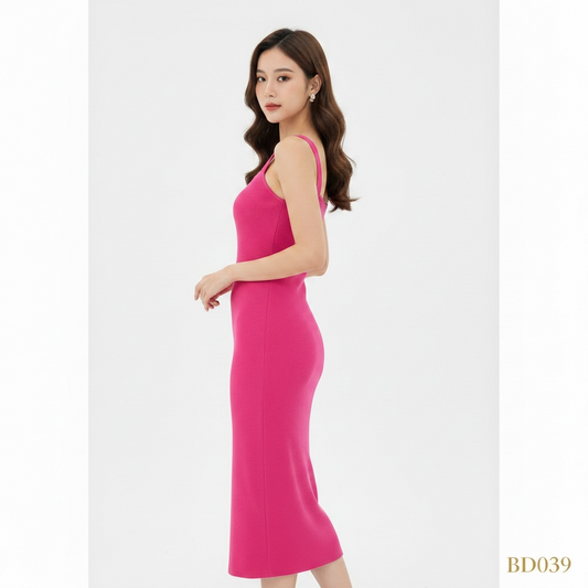 Pink Ribbed Bodycon Midi Dress