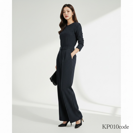 Navy Blue Pinstripe Wide Leg Trousers