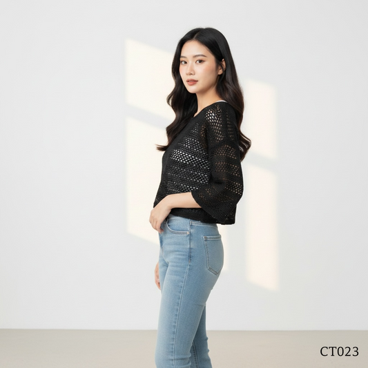 Black Open-Knit Pullover Top