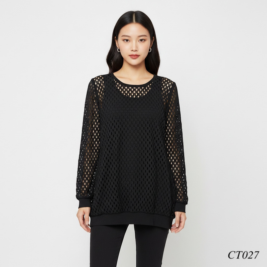 Black Mesh Knit Tunic Top