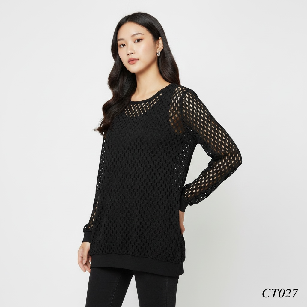 Black Mesh Knit Tunic Top