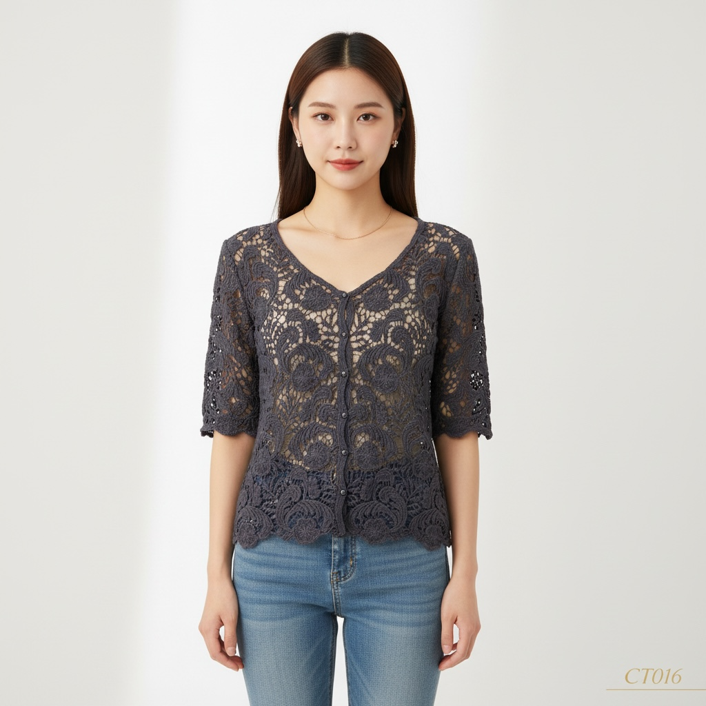 Blue Crochet Short Sleeve Top | Elegant Casual Wear