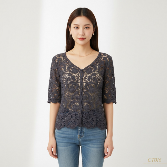 Blue Crochet Short Sleeve Top | Elegant Casual Wear