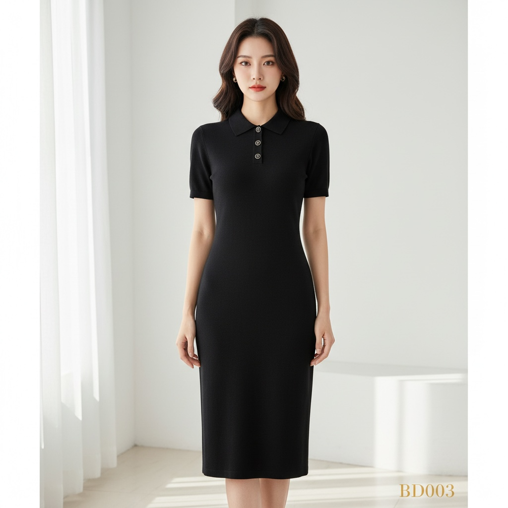 Classic Polo Knit Midi Dress – Black (One Size)