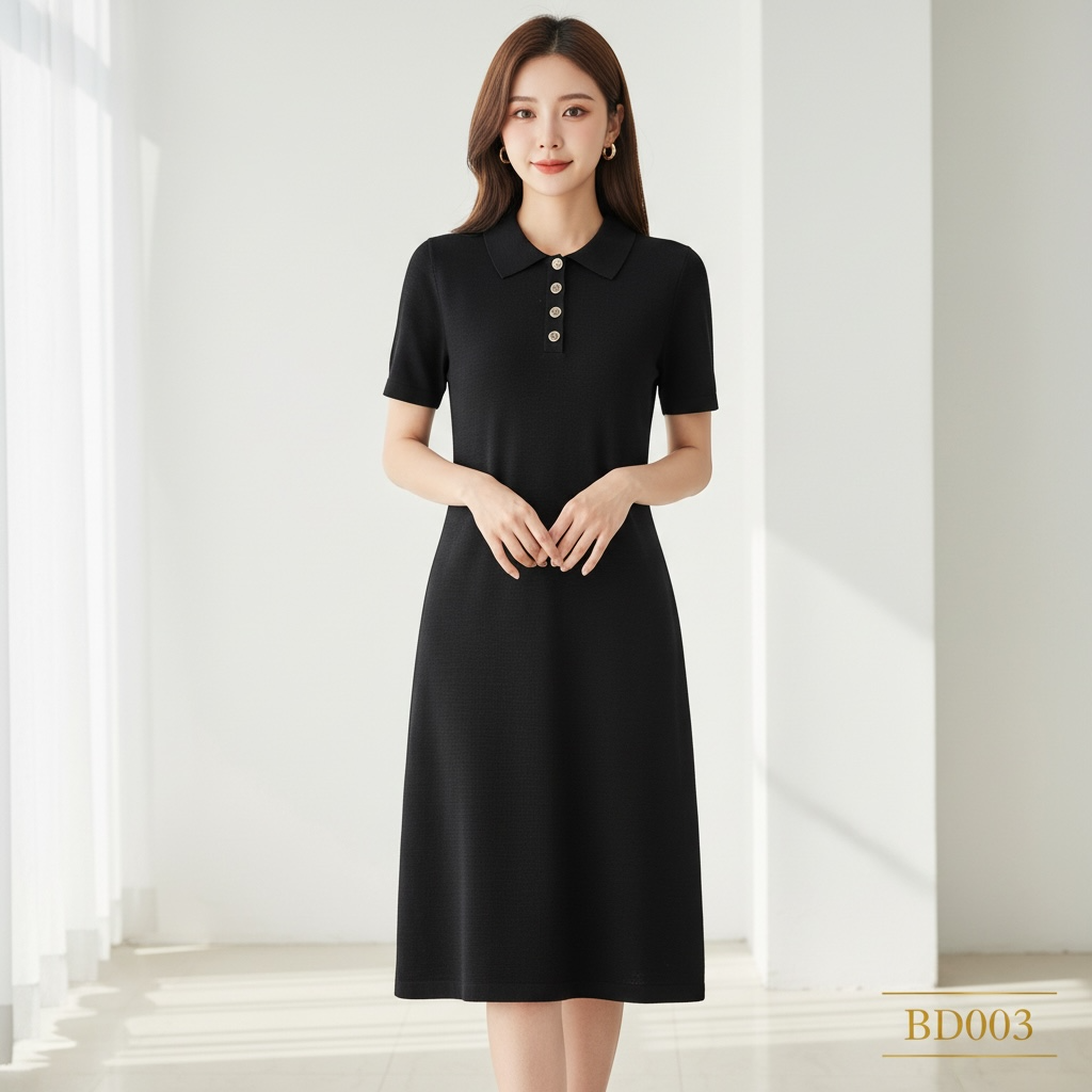 Classic Polo Knit Midi Dress – Black (One Size)