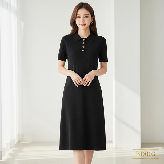 Classic Polo Knit Midi Dress – Black (One Size)
