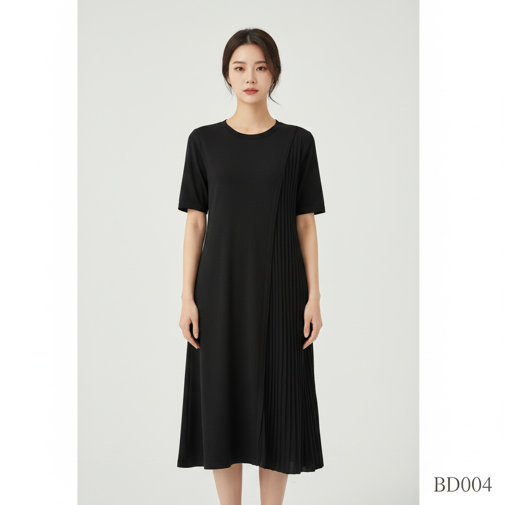 Elegant Pleated Detail Midi Dress – Black (One Size)