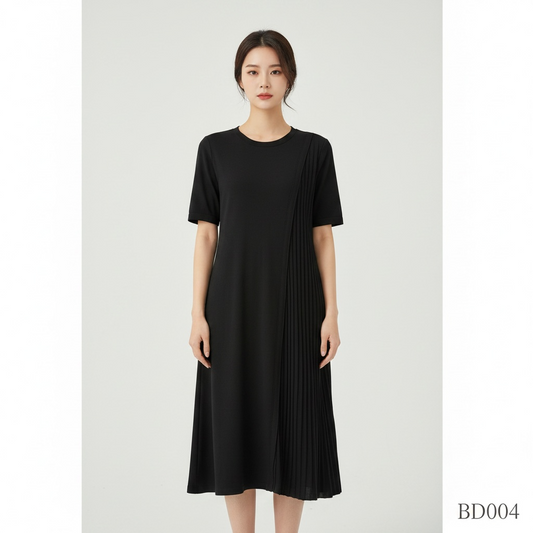 Elegant Pleated Detail Midi Dress – Black (One Size)