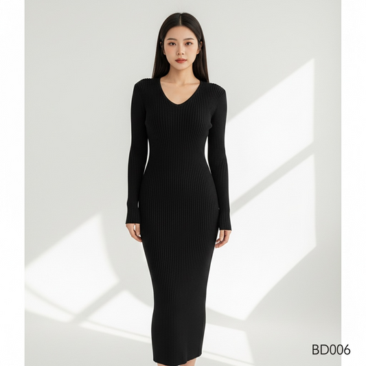 Ribbed Long Sleeve Bodycon Midi Dress – Black (One Size)