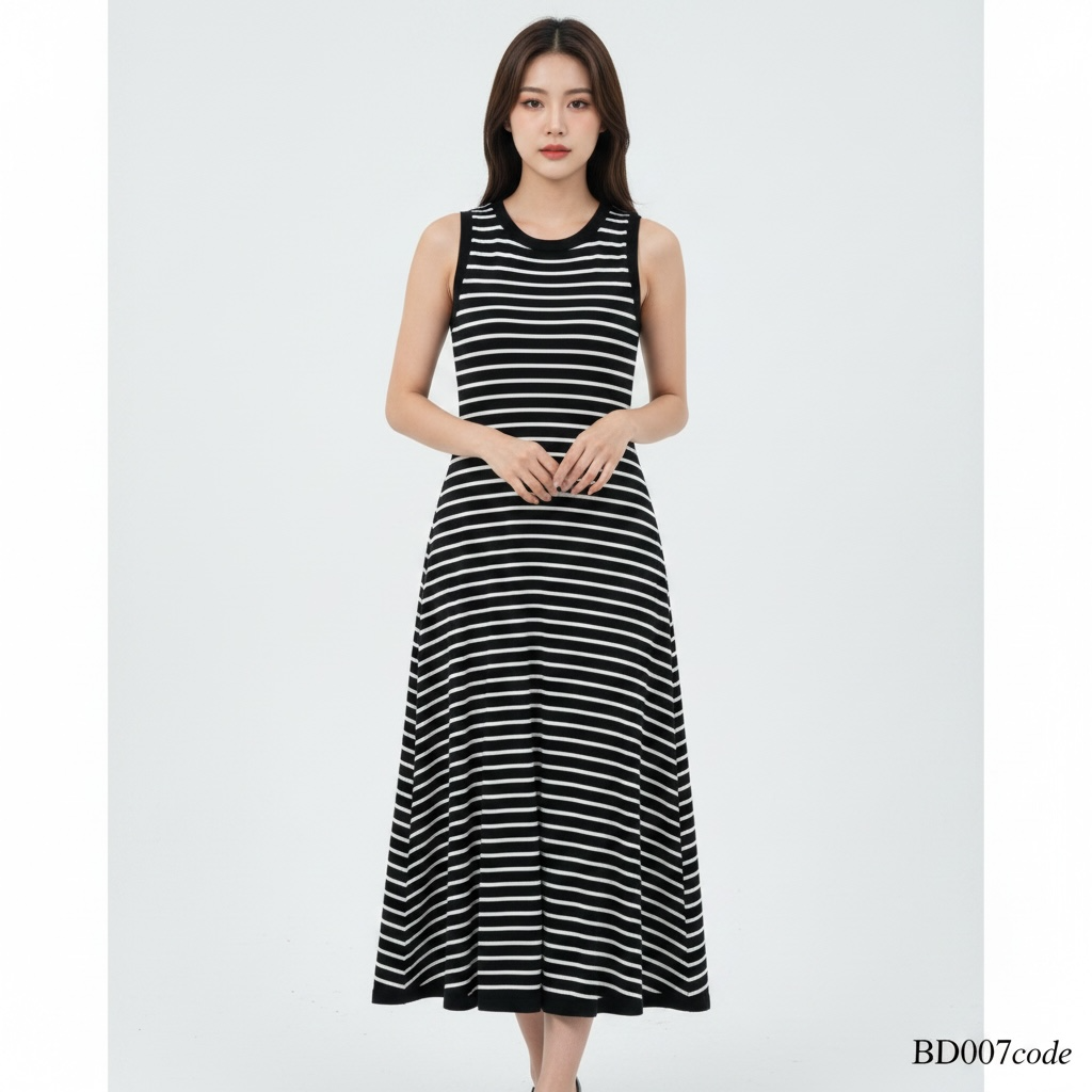 Striped Sleeveless Knit Midi Dress – Black & White (One Size)