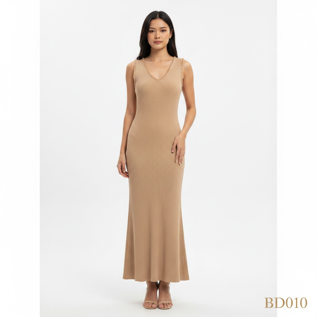 Ribbed Sleeveless Mermaid Maxi Dress – Sandal Beige