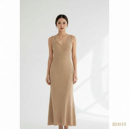 Ribbed Sleeveless Mermaid Maxi Dress – Sandal Beige
