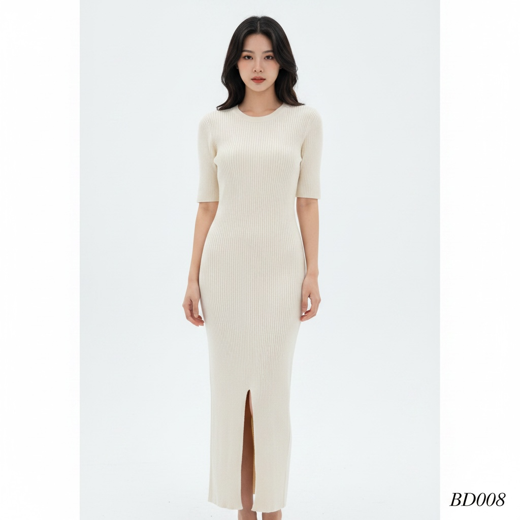 Ribbed V-Neck Knit Maxi Dress – Beige (Free Size)