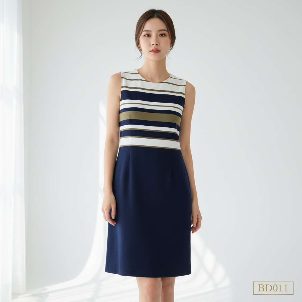 Nautical Striped Sleeveless Midi Dress – Navy Blue
