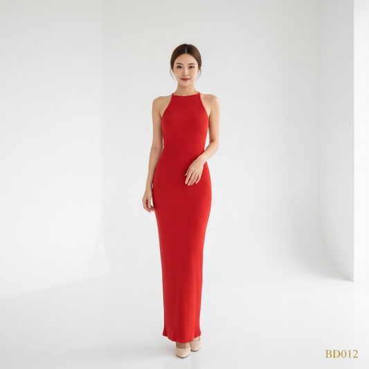 Backless Ribbed Maxi Dress – Red (Free Size)