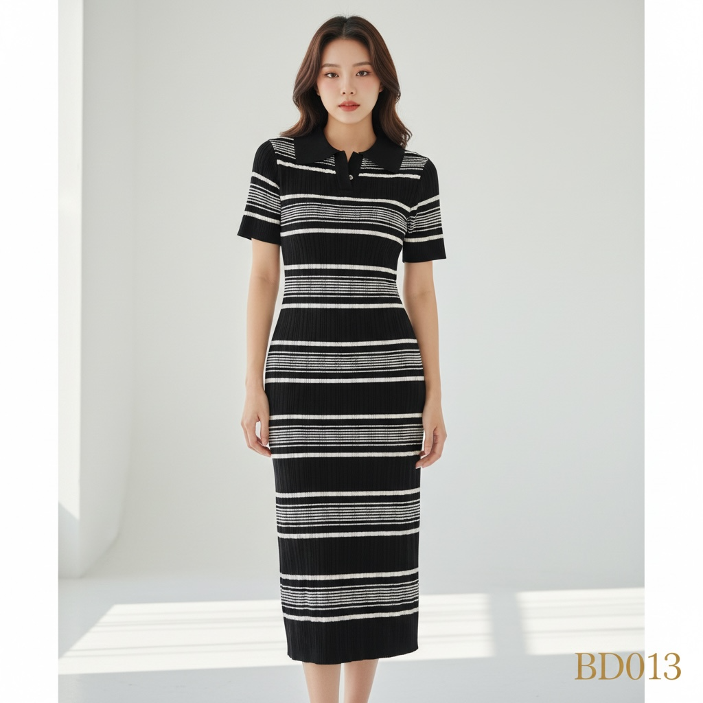 Striped Polo Collar Knit Midi Dress – Black & White (Free Size)