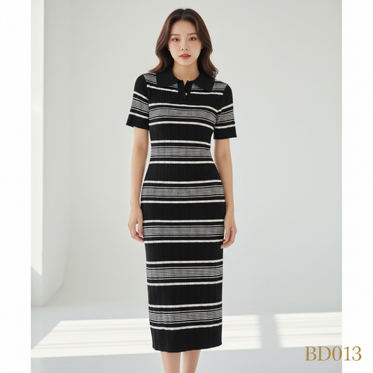 Striped Polo Collar Knit Midi Dress – Black & White (Free Size)