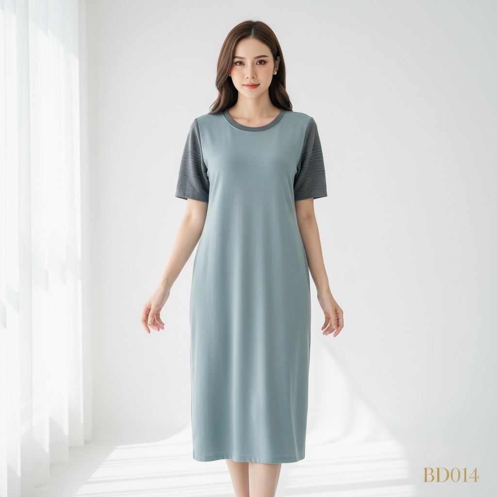 Pleated Sleeve Midi Dress – Light Blue