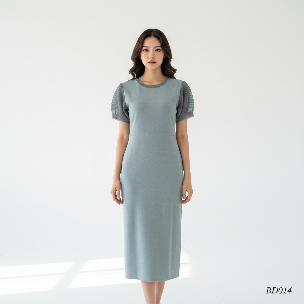 Pleated Sleeve Midi Dress – Light Blue