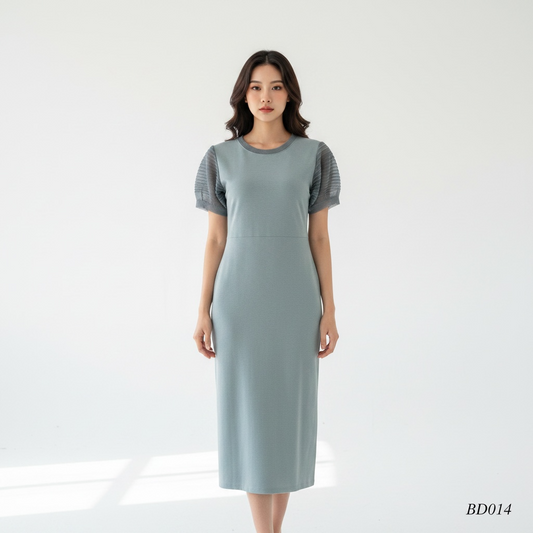 Pleated Sleeve Midi Dress – Light Blue