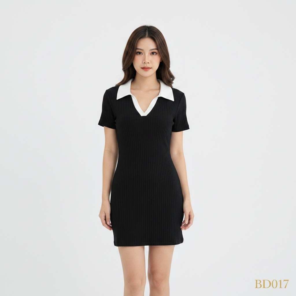 Collared Ribbed Mini Dress – Black (Free Size)
