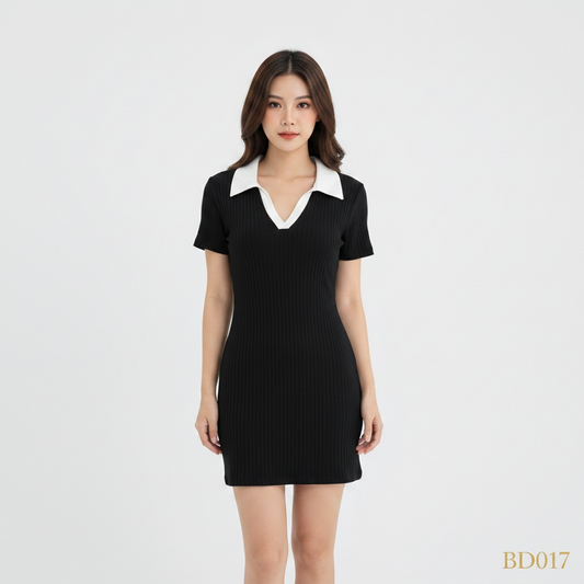 Collared Ribbed Mini Dress – Black (Free Size)
