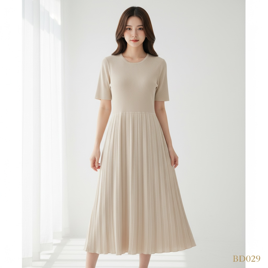 Soft Beige Pleated Knit Midi Dress
