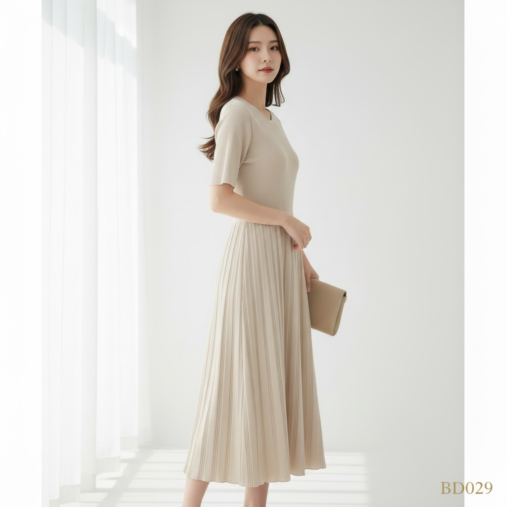 Soft Beige Pleated Knit Midi Dress