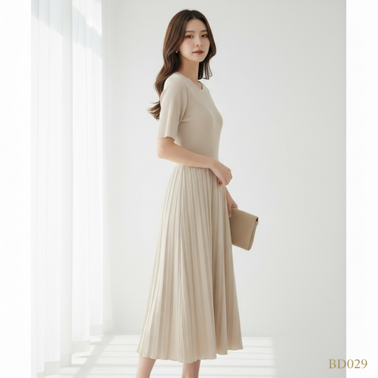 Soft Beige Pleated Knit Midi Dress