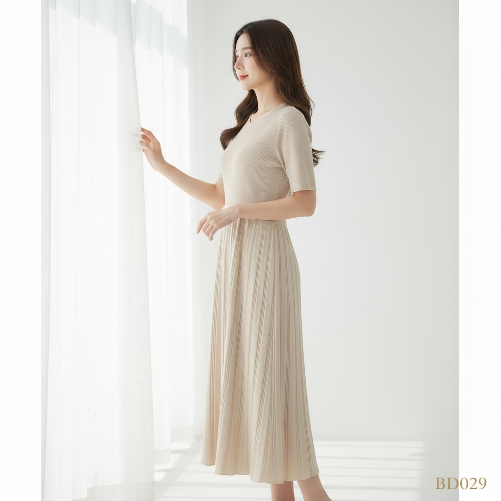Soft Beige Pleated Knit Midi Dress