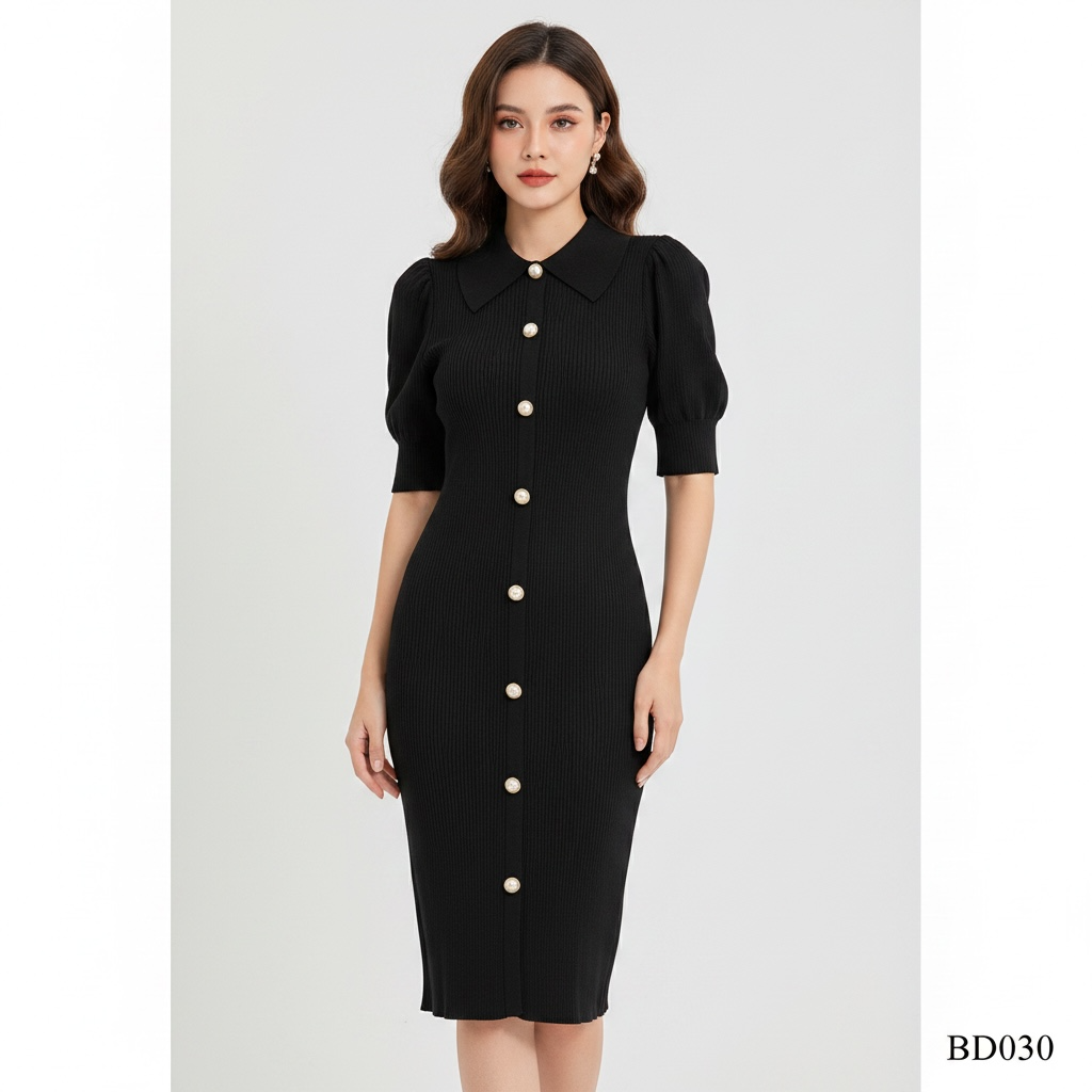 Pearl Button Ribbed Bodycon Dress