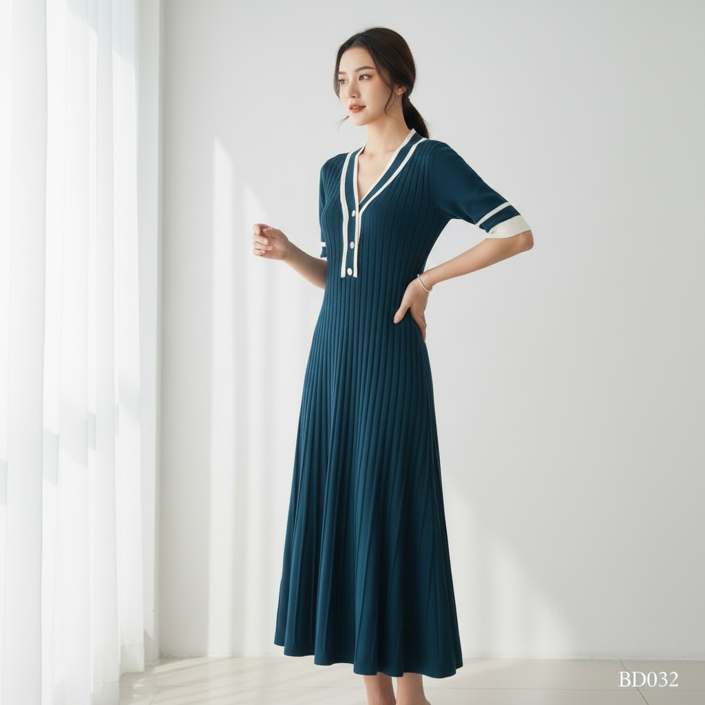 Blue Knit Pleated Dress