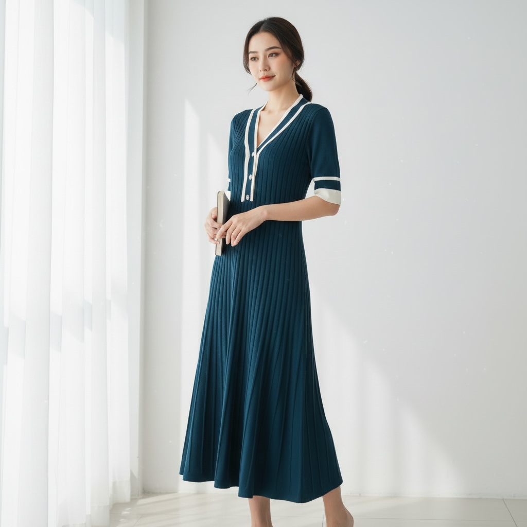 Blue Knit Pleated Dress