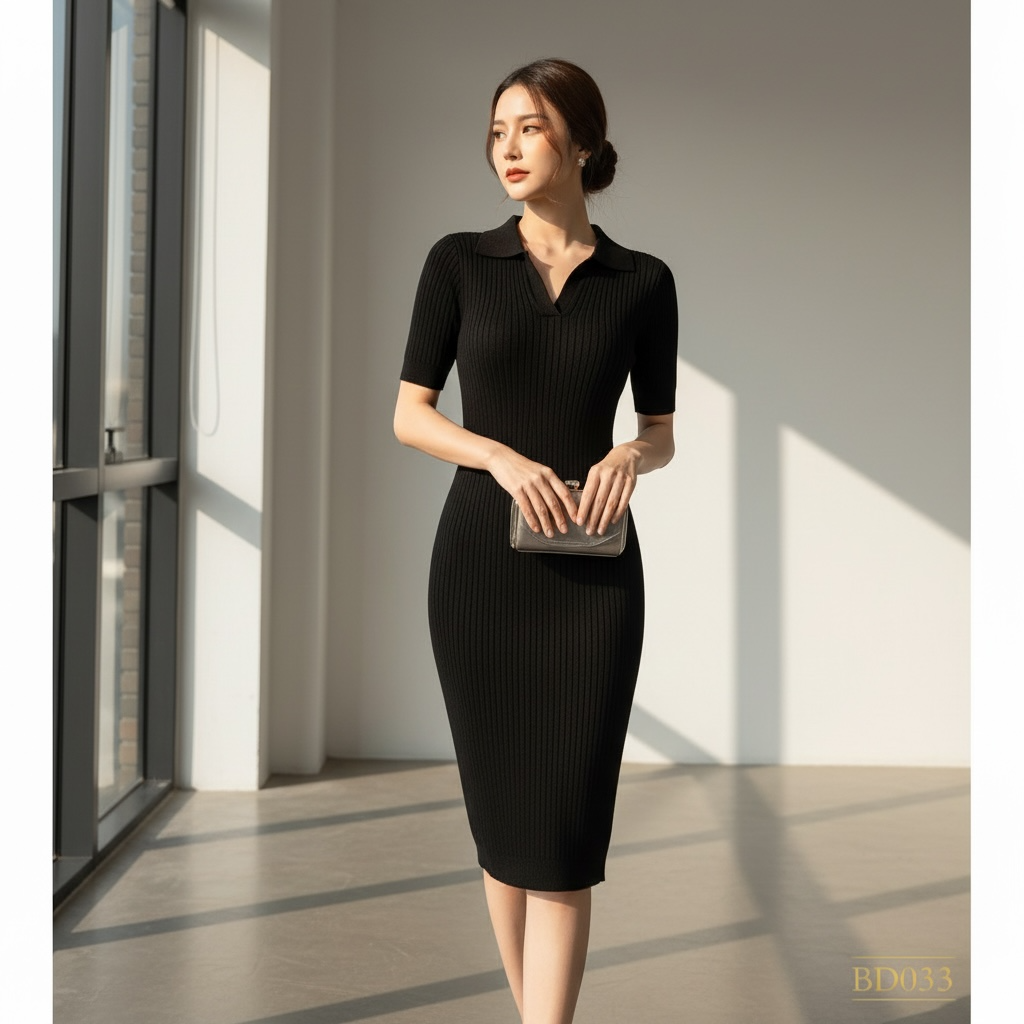 Black Ribbed Midi Dress