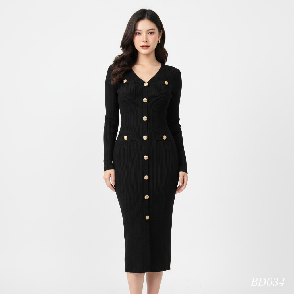 Black Button Detail Knit Dress