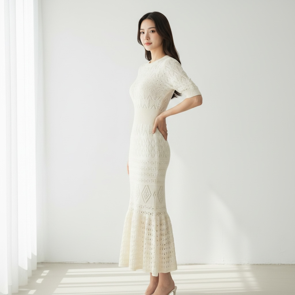 Cream Crochet Knit Maxi Dress