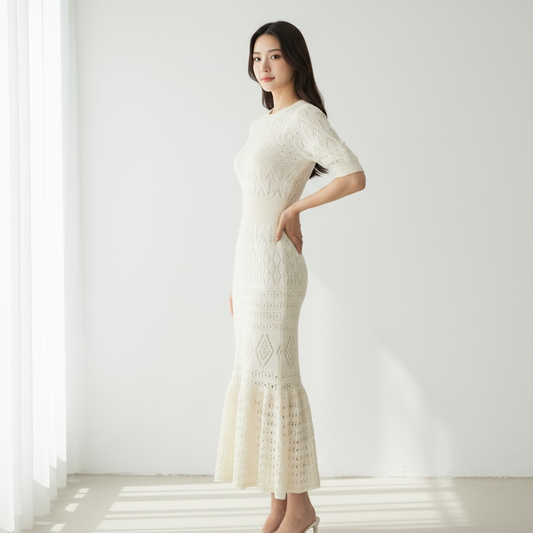 Cream Crochet Knit Maxi Dress