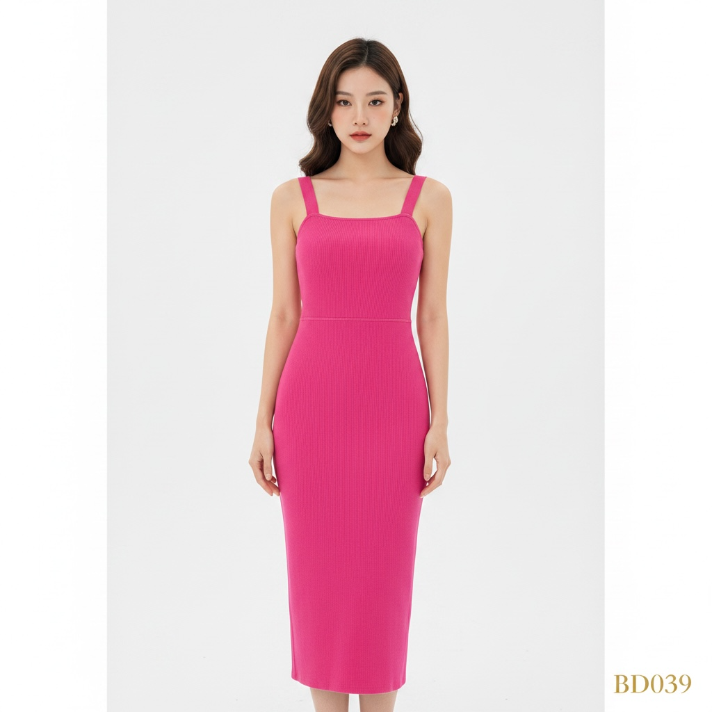 Pink Ribbed Bodycon Midi Dress