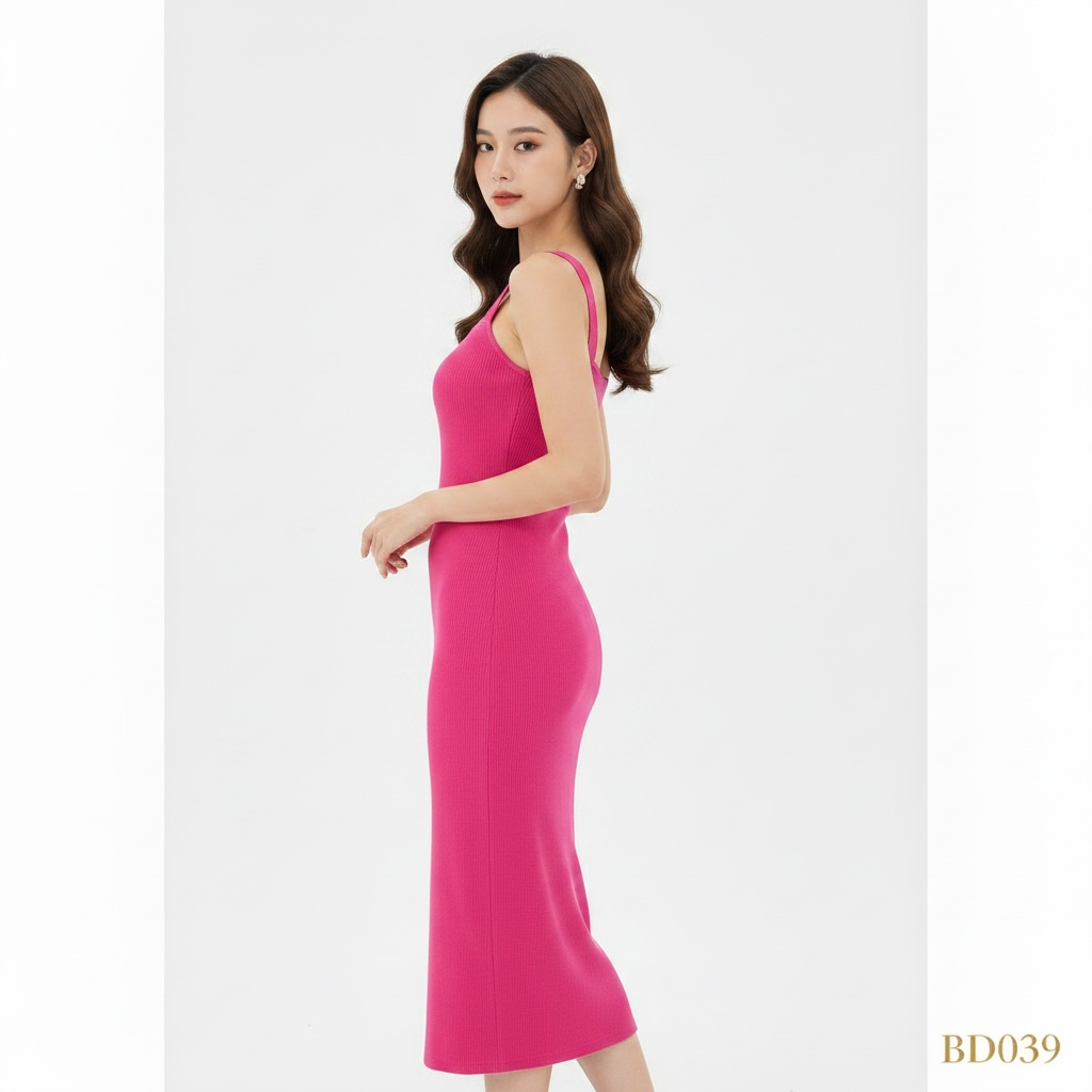 Pink Ribbed Bodycon Midi Dress