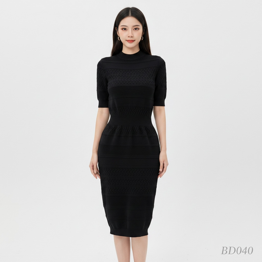 Black Textured Knit Midi Dress