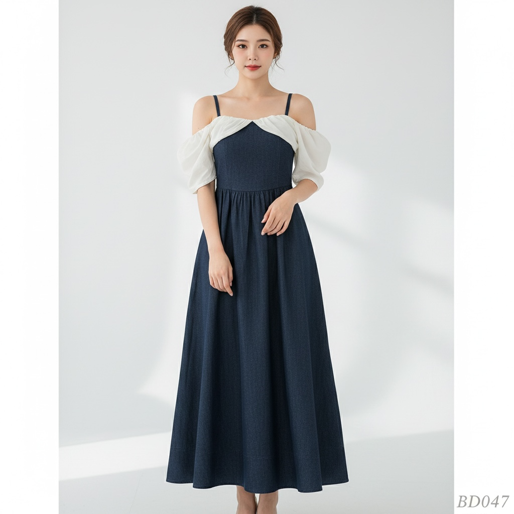 Denim Blue Off-Shoulder Maxi Dress