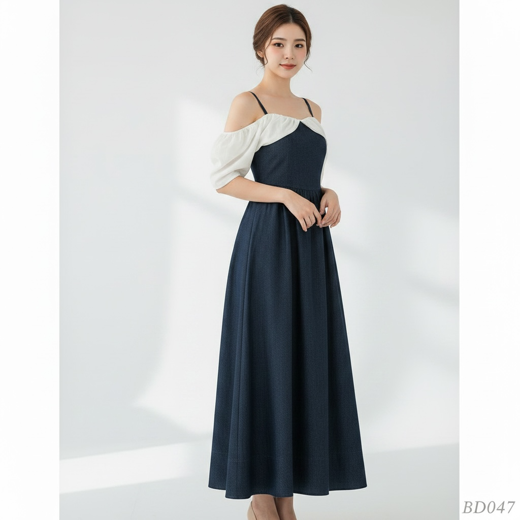 Denim Blue Off-Shoulder Maxi Dress