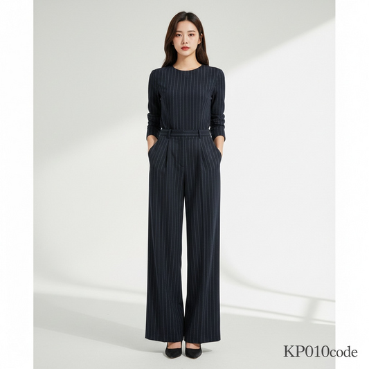 Navy Blue Pinstripe Wide Leg Trousers