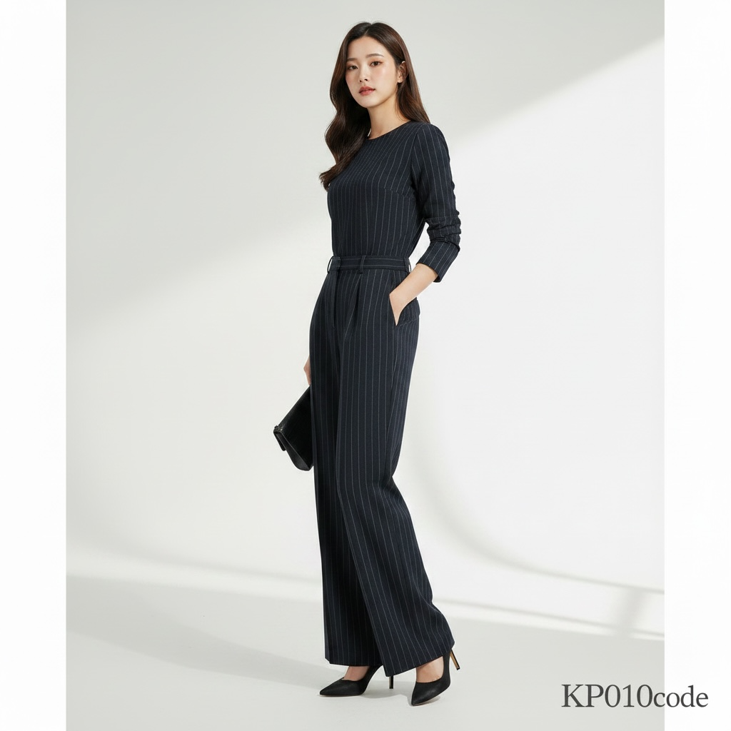 Navy Blue Pinstripe Wide Leg Trousers